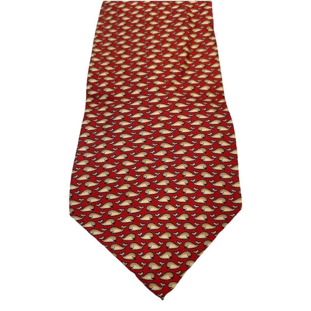 VTG Lord & Taylor Men’s Tie Red Tan Whale Print 3.75” 100% Silk Necktie USA NWT